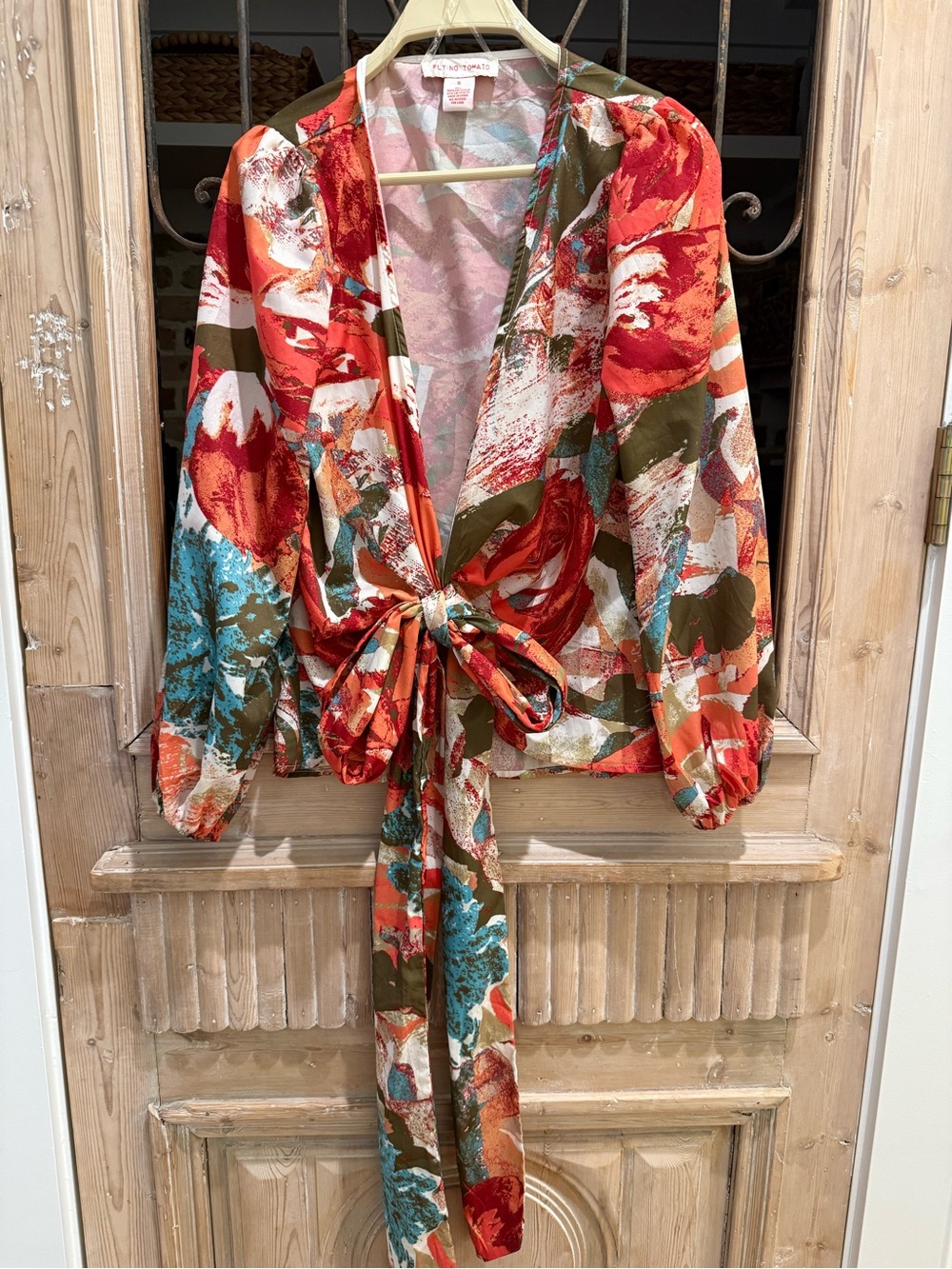 Flying Tomato Red & Teal Floral Tie-Front Top